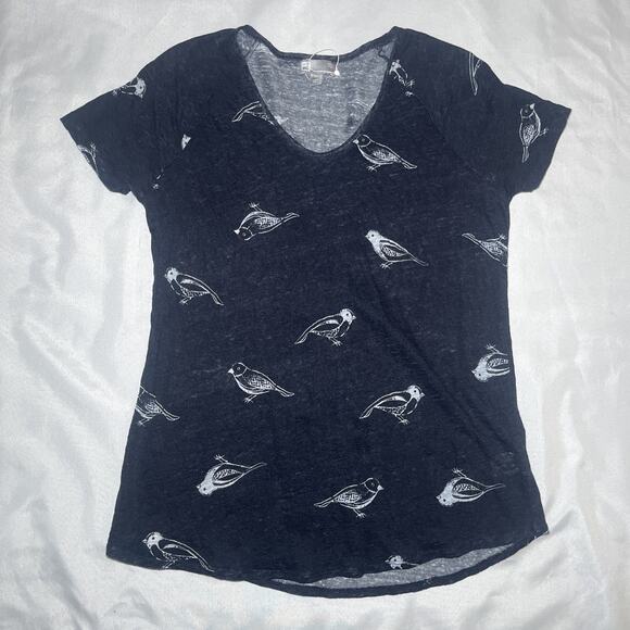 JCP JC Penny 100% Linen Navy Blue Bird Print Short Sleeve T-Shirt Size XL Summer - Picture 1 of 7